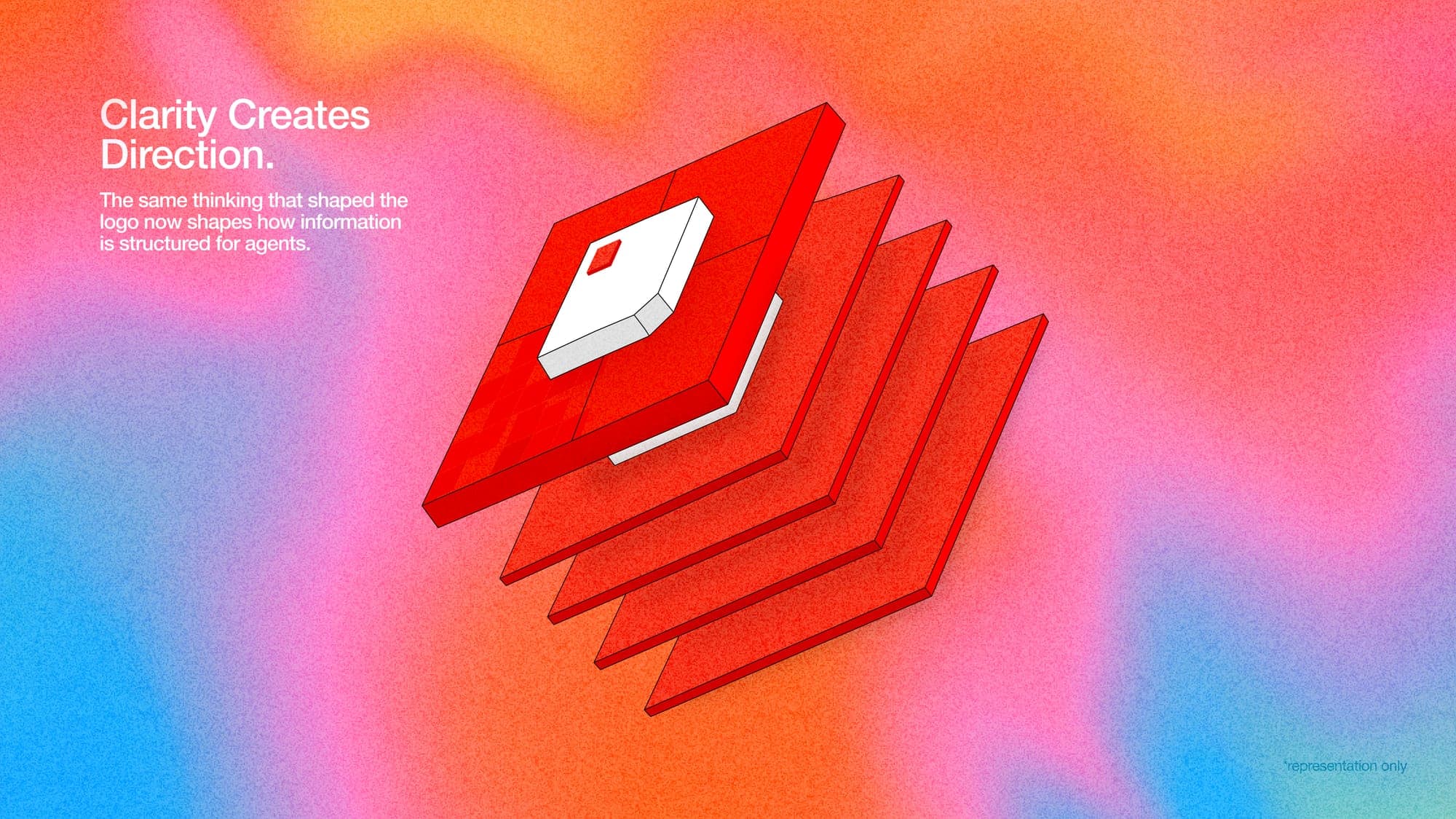 Illustration: clarity creates direction, isometric document layers on a gradient field.