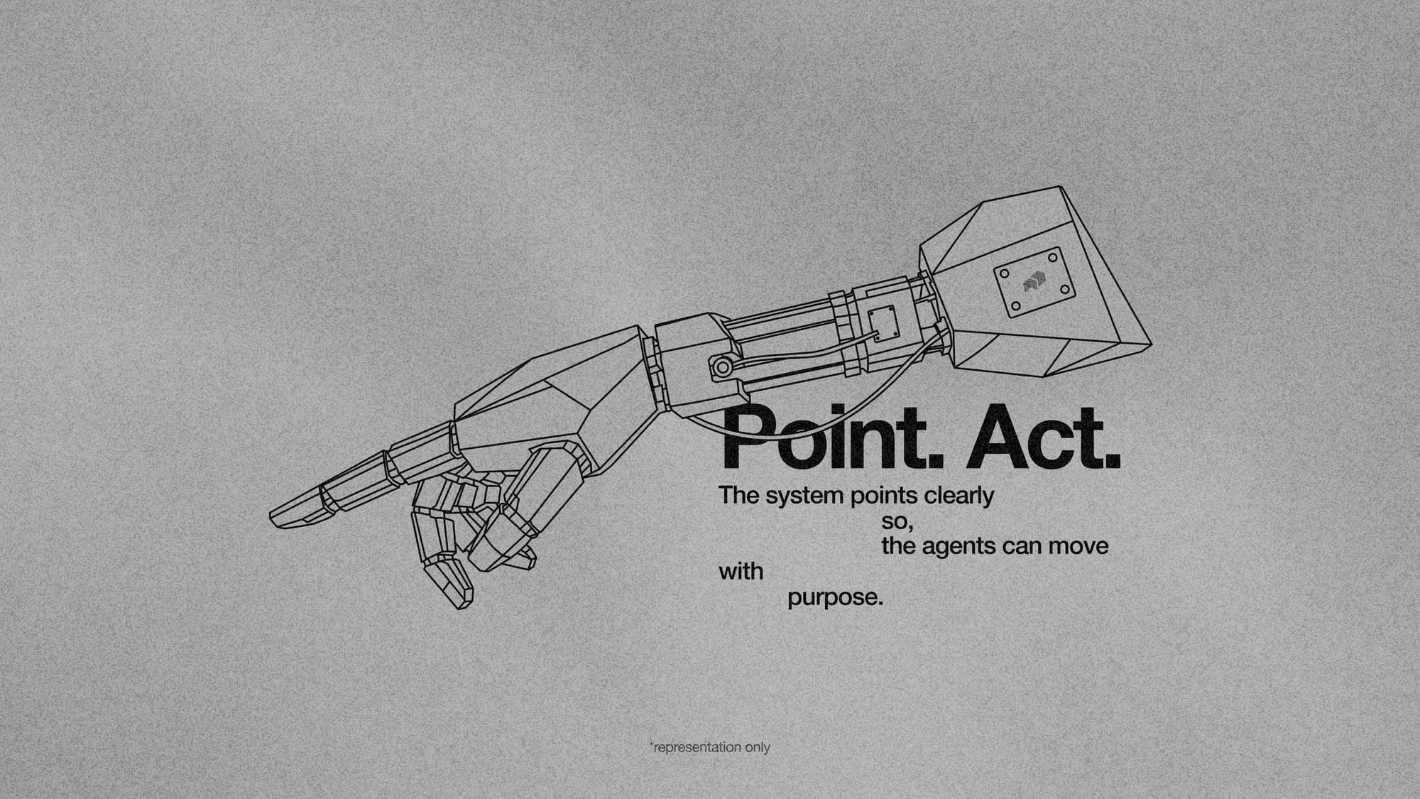 Illustration: point, act, a wireframe mechanical hand pointing.