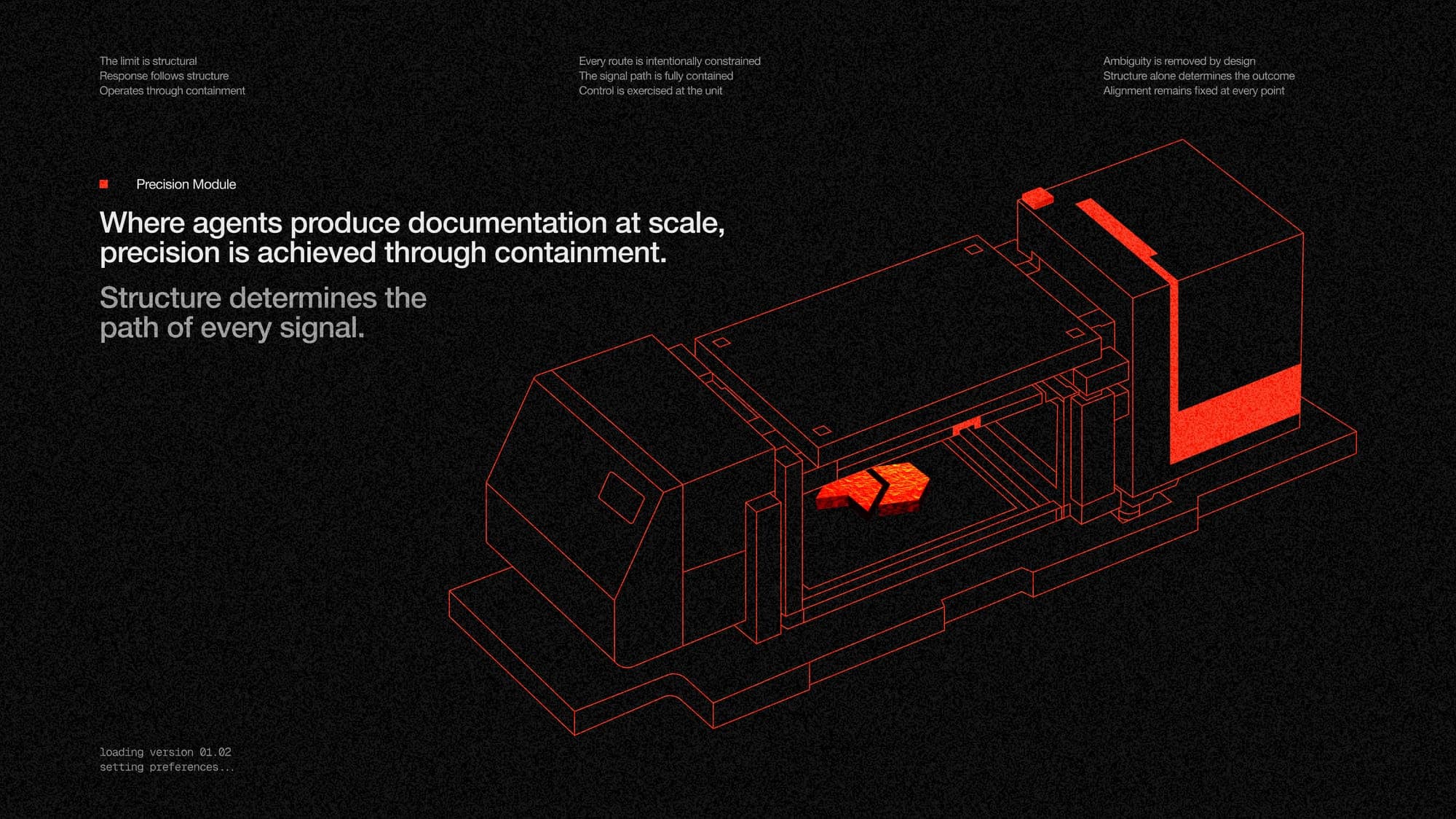 Illustration: precision module, a dark isometric containment structure with the glowing mark.