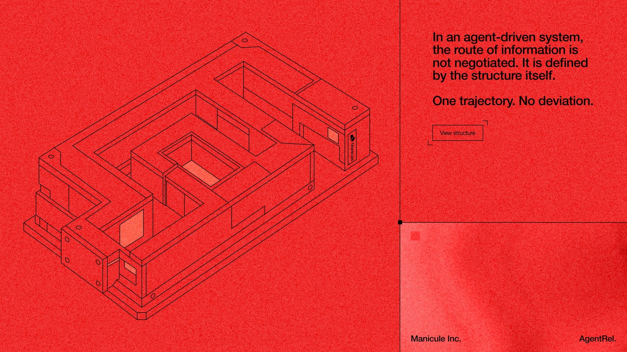 Illustration: one trajectory, no deviation, an isometric maze structure on full red.