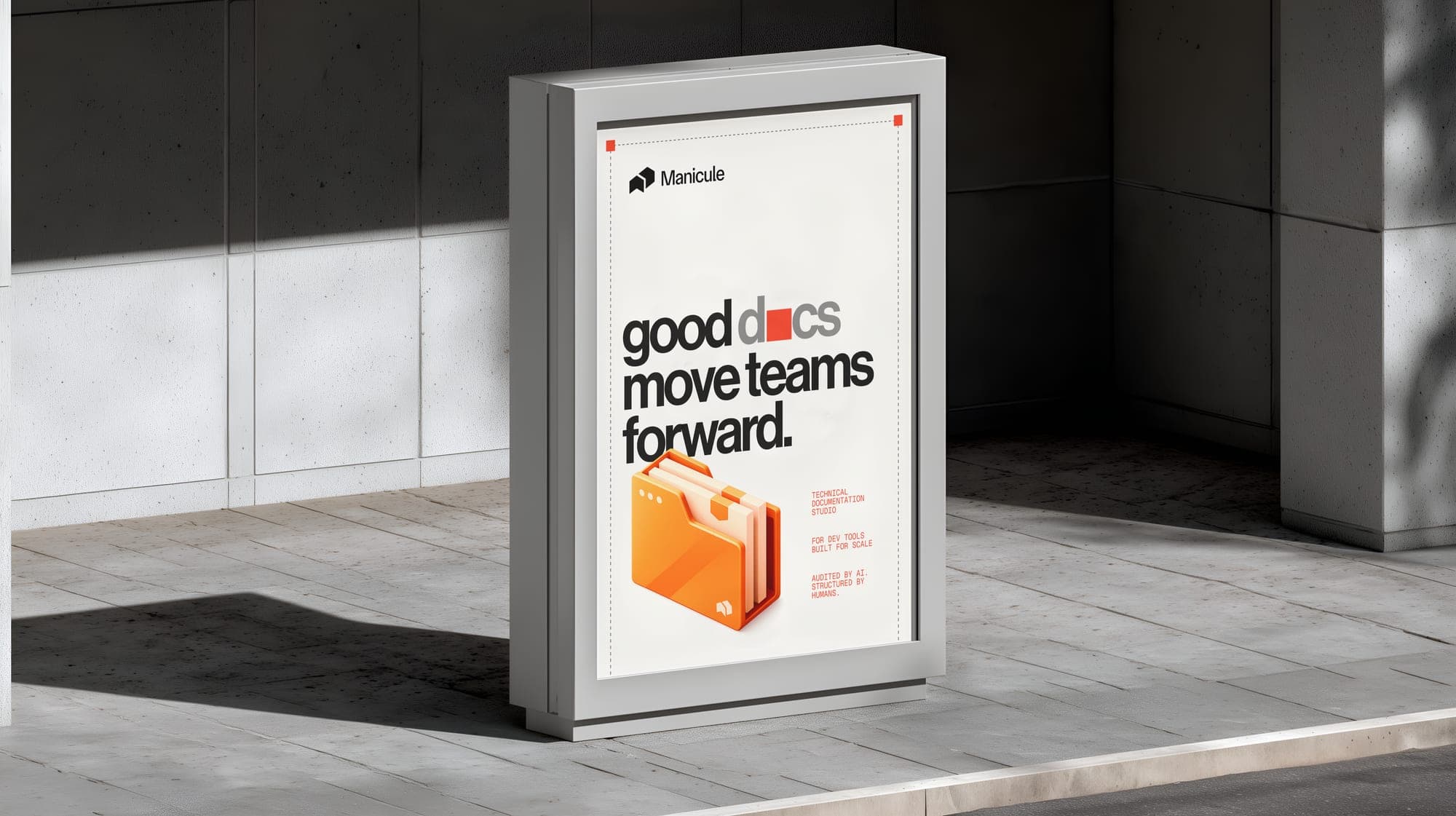 Street poster reading good docs move teams forward, with an orange block replacing the o.