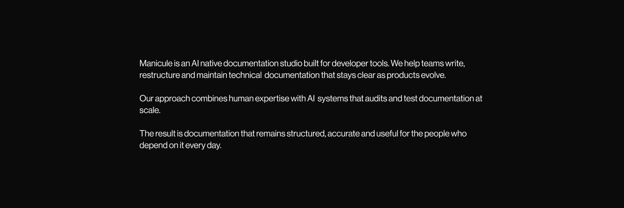 Brand statement panel: Manicule is an AI native documentation studio built for developer tools.