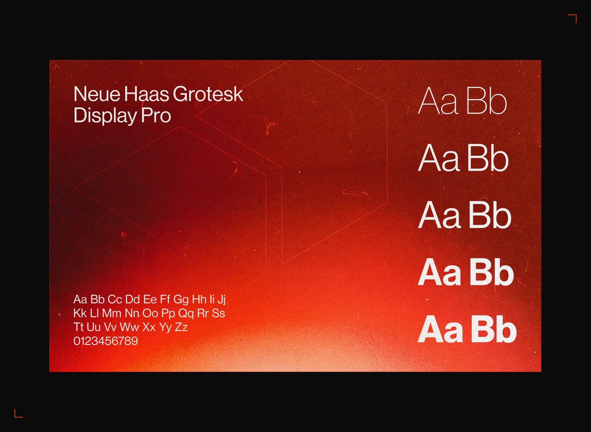Neue Haas Grotesk Display Pro specimen on a textured red field.