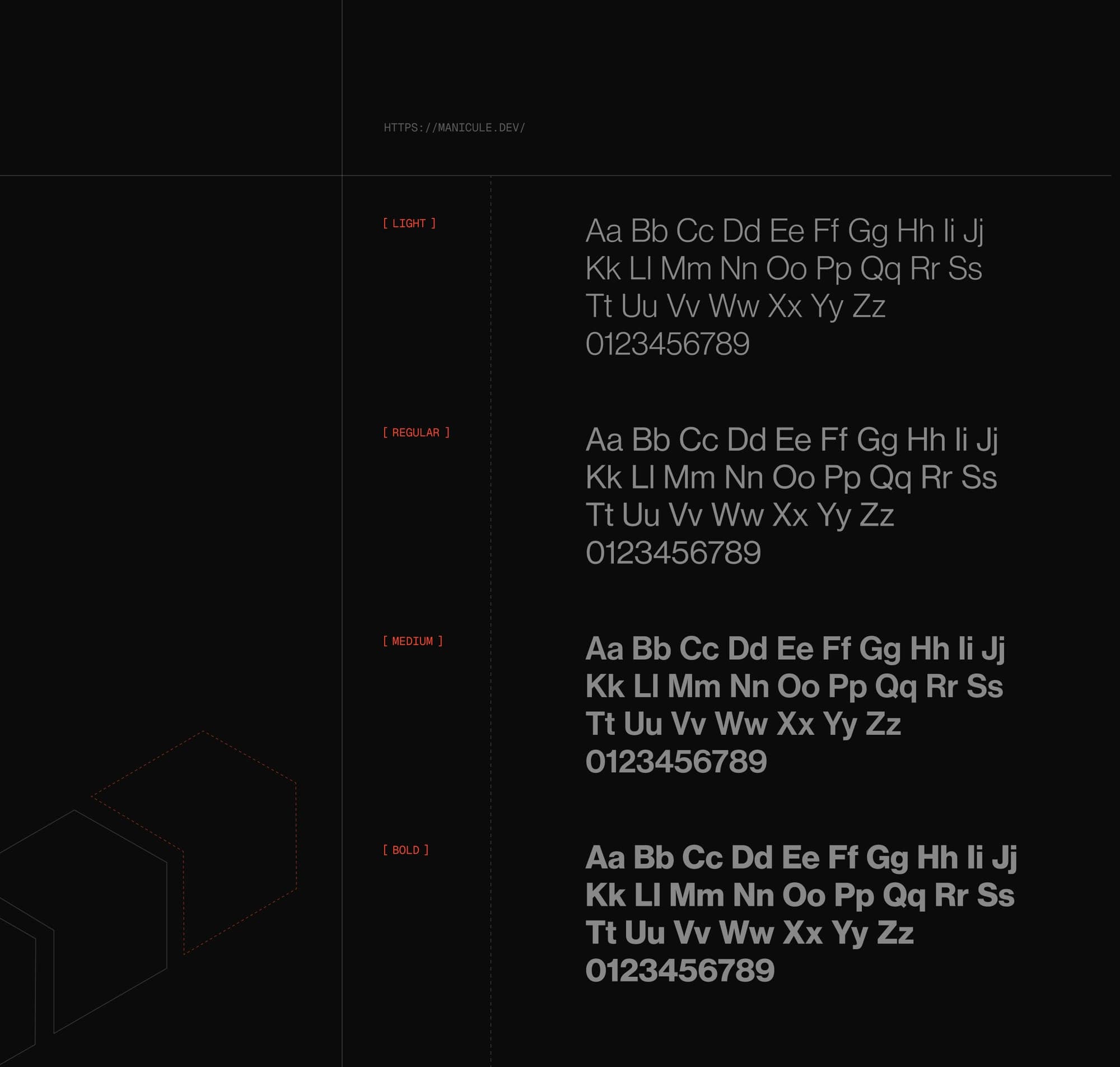 Type weights specimen: light, regular, medium and bold with bracket labels.
