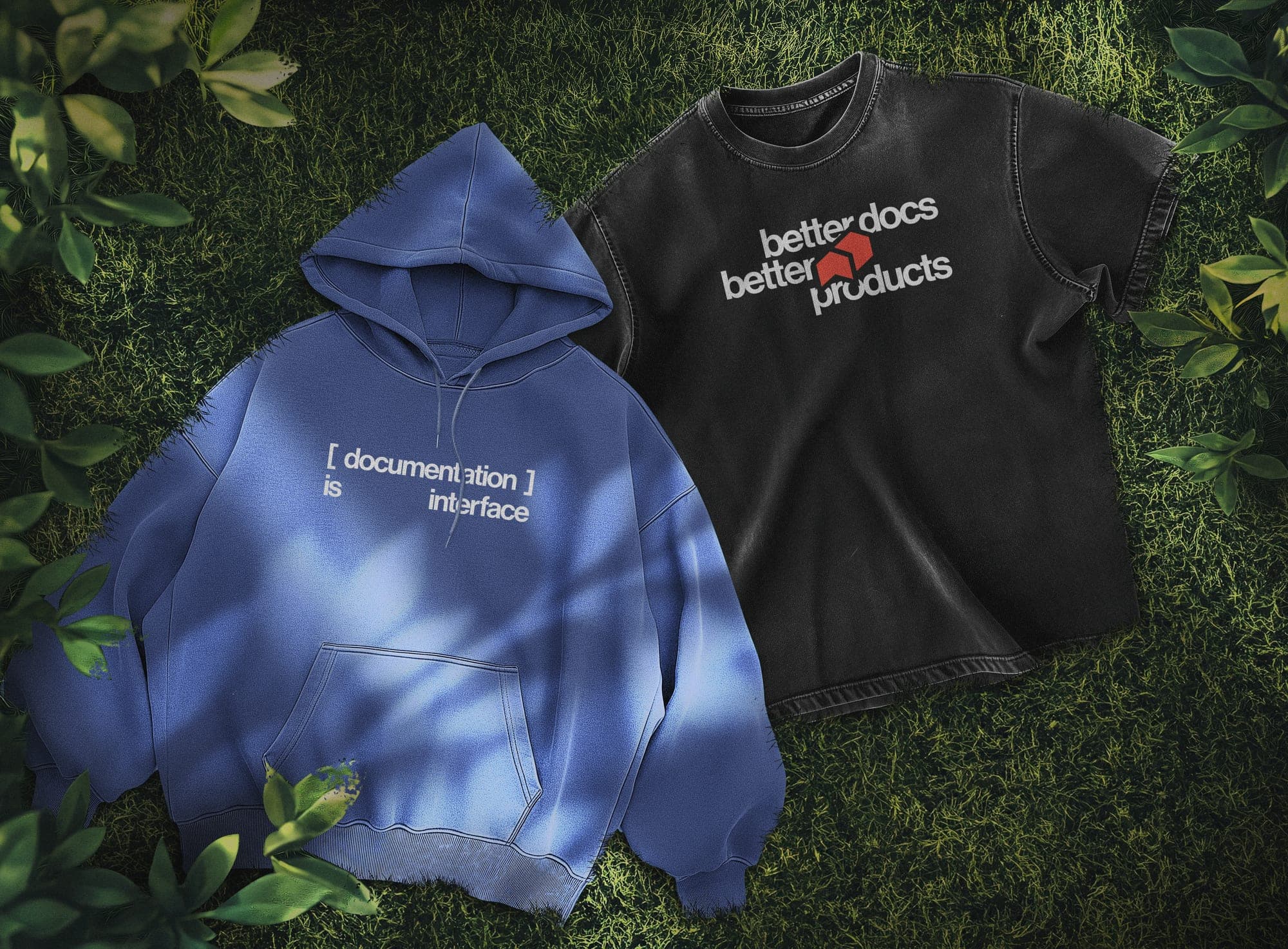Hoodie and t-shirt laid on grass, reading documentation is interface and better docs better products.
