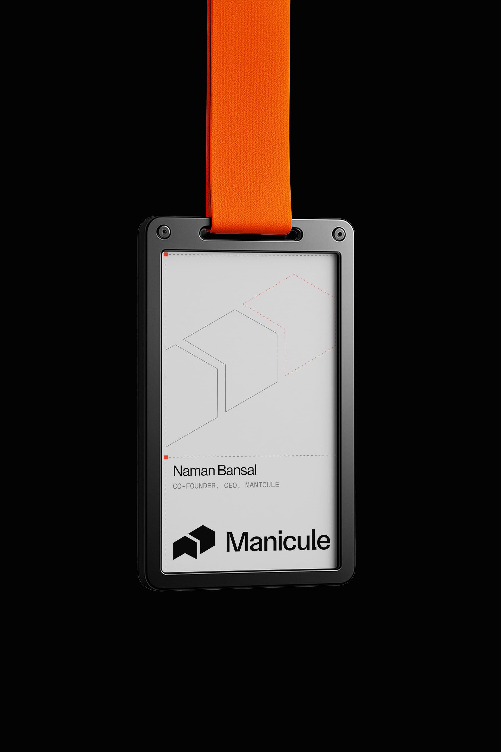 Light ID card on an orange lanyard with the outlined symbol behind the type.