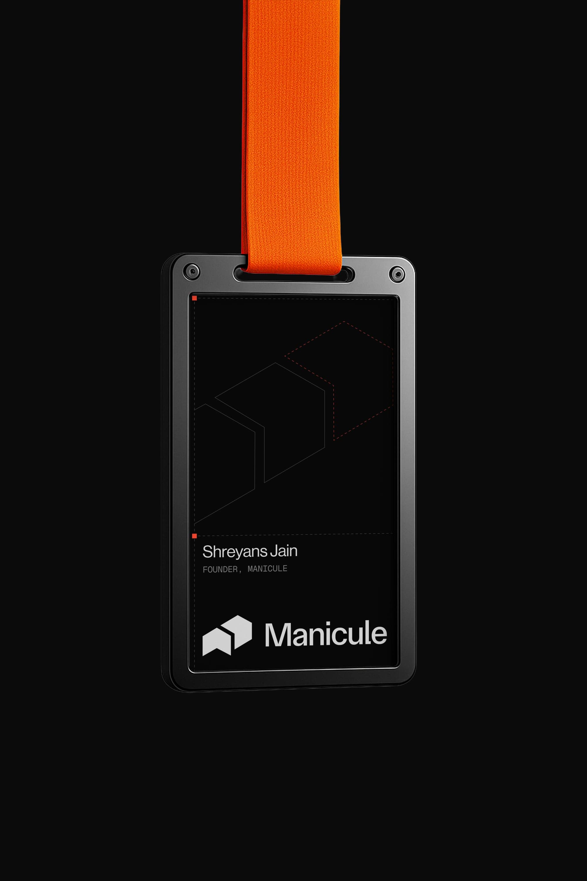 Dark ID card on an orange lanyard with a founder name.